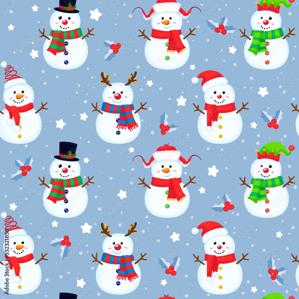 Christmas seamless pattern with snowmen and holly. Colorful winter backdrop with stars and snow. Vector New year cartoon background. Christmas seamless pattern with snowmen and holly. Colorful winter backdrop with stars and snow. Vector New year cartoon background.