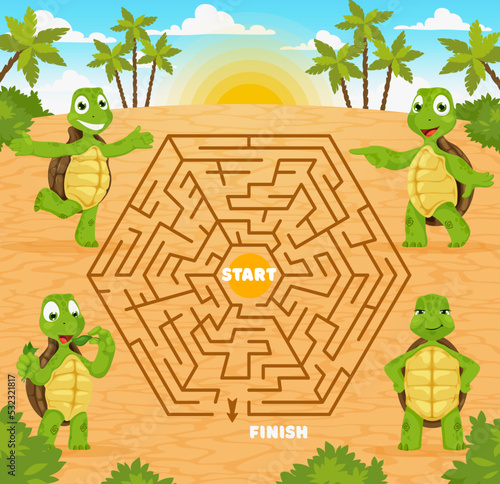 Labyrinth maze game. Help cartoon turtles to find exit. Cute tortoise animal characters on kids puzzle vector worksheet, children playing activity. Child educational game with funny turtle personages