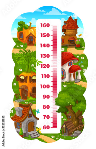 Kids height chart ruler with cartoon gnome and elf houses. Vector measure meter of child growth, cute wall sticker with fairy village, meter scale and homes made of mushroom, carrot, tree and shoe