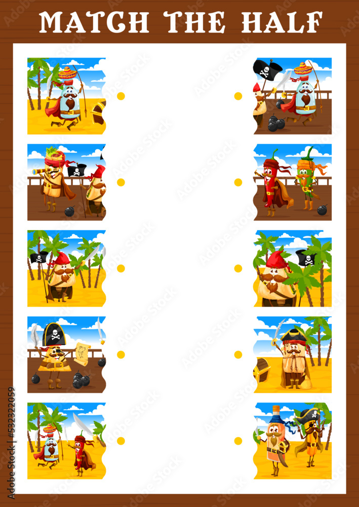 Match the half piece of cartoon mexican food pirate and corsair characters. Part search child quiz, kids riddle vector worksheet with tequila, burrito and jalapeno pepper, taco, churros and nachos Match the half piece of cartoon mexican food pirate and corsair characters. Part search child quiz, kids riddle vector worksheet with tequila, burrito and jalapeno pepper, taco, churros and nachos