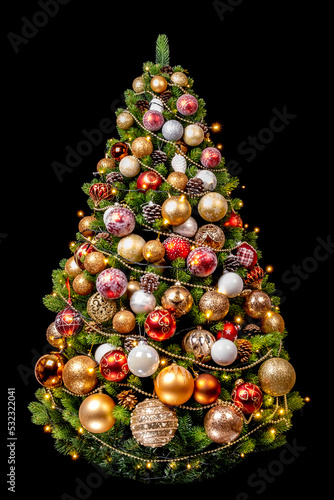 christmas tree with golden and red balls on black background