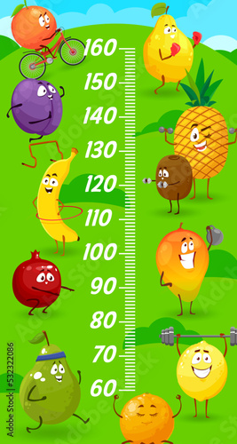 Kids height chart fruits in sport competition and fitness growth measure meter meter. Vector orange, quince, pineapple and kiwi. Mango, lemon or mandarin with pear, garnet, banana, and plum sportsmen