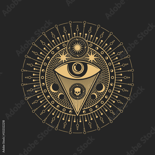 Esoteric occult symbol vector Eye of Providence inside of circle with sun, moon and human skull with dotted pattern around. Spiritual mason or tarot cards symbolic, isolated amulet, alchemy sign