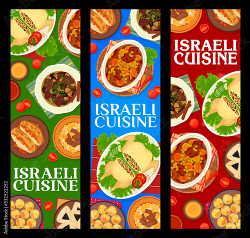 Israeli food restaurant food banners. Bean cholent, beef with prunes and rice stuffed chicken, cookie Hamantaschen, almond stuffed chicken breasts and sauce, chickpea falafel, lamb with dried apricots