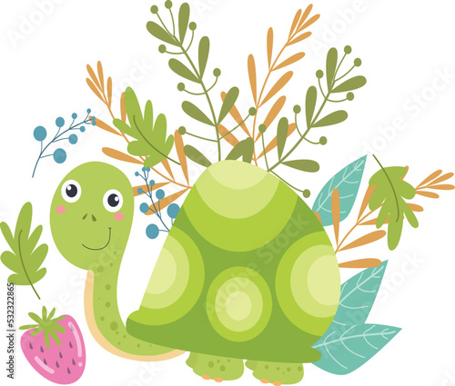 cute tortoise with ornamental plants, illustration vector graphic