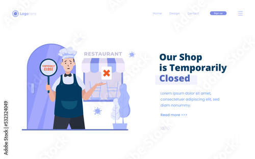 Flat design restaurant business activities temporarily closed illustration on landing page