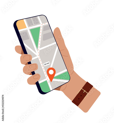 Hand with smartphone. Character with map on screen. Navigation, geolocation and gps. Program or application for orienteering. Gadgets and devices. Travel and trip. Cartoon flat vector illustration