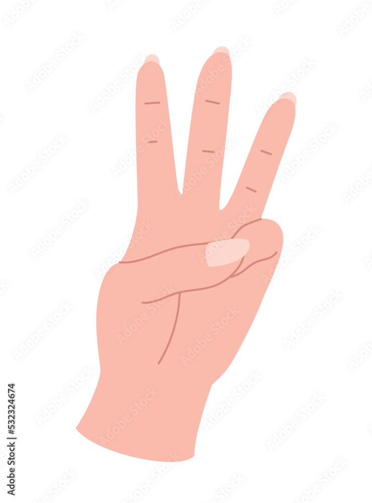Hand pose icon. Character shows three fingers, counting. Gestures, feelings and emotions, reactions. Sticker for social network. Graphic element for website. Cartoon flat vector illustration Hand pose icon. Character shows three fingers, counting. Gestures, feelings and emotions, reactions. Sticker for social network. Graphic element for website. Cartoon flat vector illustration