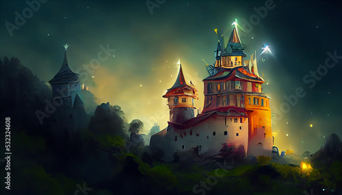 Mysterious fairytale castle city in the night. Digital illustration. Fantasy 3D Illustration. Digital art, background, fantasy art illustration. © Illustration