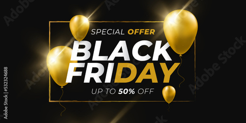Black Friday Sale Banner Design with Gold Helium Balloons and Light Effect on Black Background. Advertising and Promotion Banner Design for Black Friday Campaign