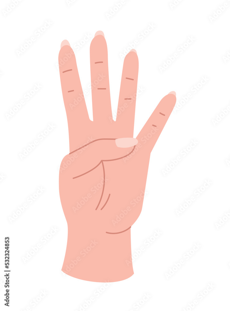 Hand pose icon. Character shows four fingers. Counting and sign language. Communication and interaction. Reaction and social media sticker. Gesture with number. Cartoon flat vector illustration Hand pose icon. Character shows four fingers. Counting and sign language. Communication and interaction. Reaction and social media sticker. Gesture with number. Cartoon flat vector illustration