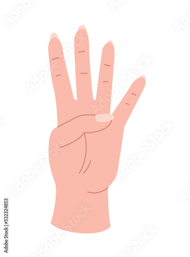 Hand pose icon. Character shows four fingers. Counting and sign language. Communication and interaction. Reaction and social media sticker. Gesture with number. Cartoon flat vector illustration