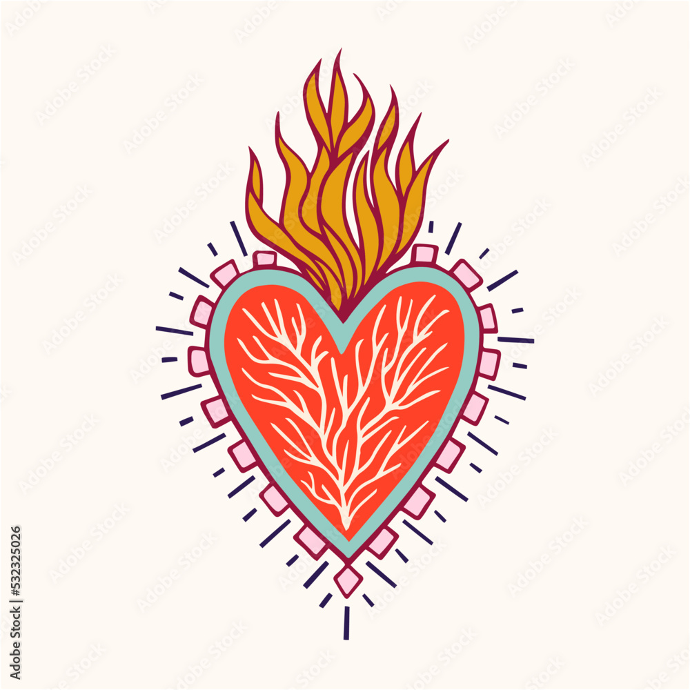 Sacred Heart love Folk Art color Illustration hand made