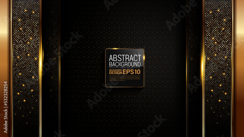 black gold background, luxury image abstract, straight lines overlap layer shadow gradients space composition, 3840 x 2160 monitor size for banner, flyer cover layout, template design
