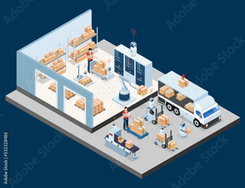 3D isometric Smart logistics concept with Warehouse Logistic  Workers loading products  transportation truck use wireless technoloty. Eps10 vector illustration