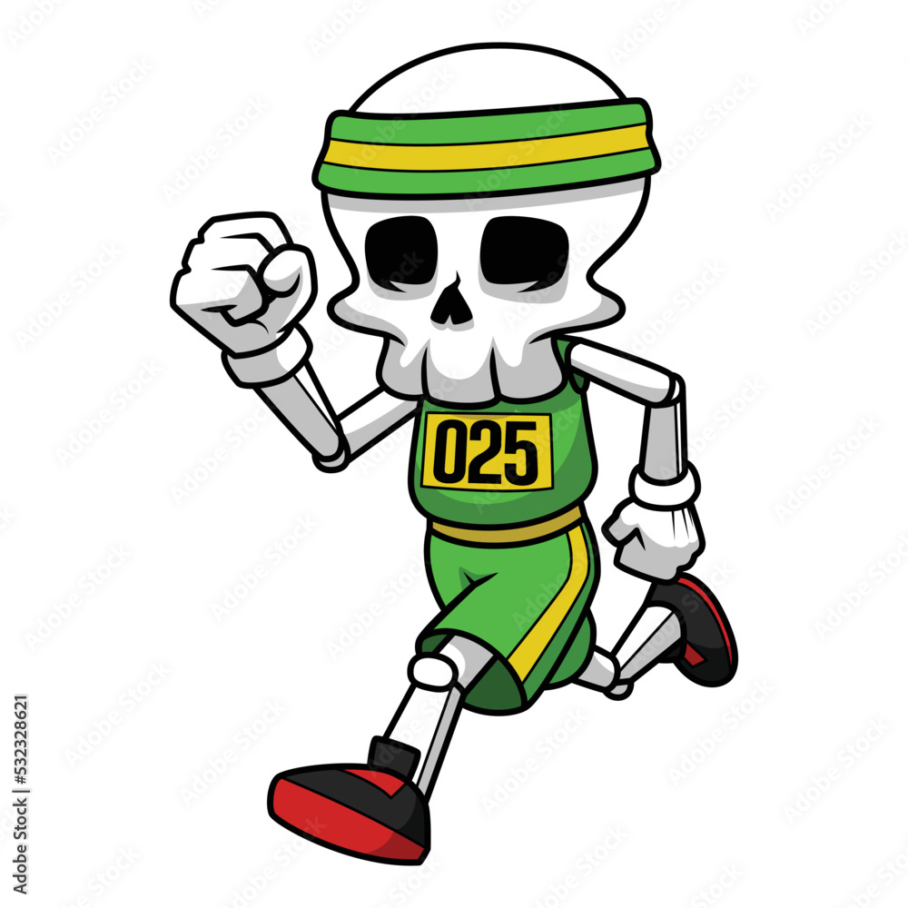 Skull Runner Wearing Headband And Costume Are Running In a Marathon. Skull Cartoon Illustration.