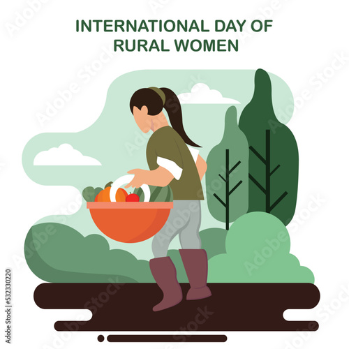 illustration vector graphic of a young woman is carrying a basket of fruits and vegetables in the garden, perfect for international day, rural women, celebrate, greeting card, etc.