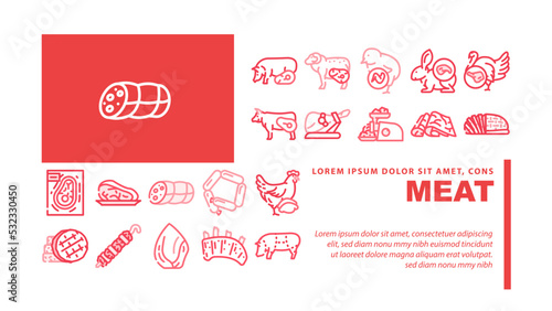 Meat Raw Food Domestic Animal landing web page header vector. Rabbit And Mutton, Chick And Chicken, Beef And Turkey Meat For Cooking Delicious Dish Frying Barbeque. Jamon And Hen Color Illustrations