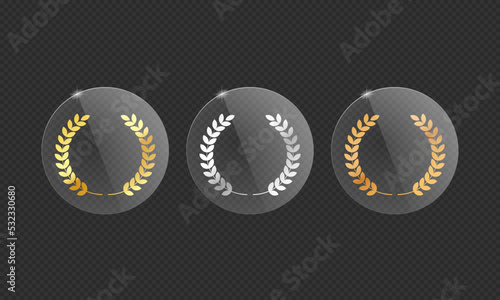 The first, second, third winner glass award symbol, Champion trophy awards with star in gold, silver and bronze