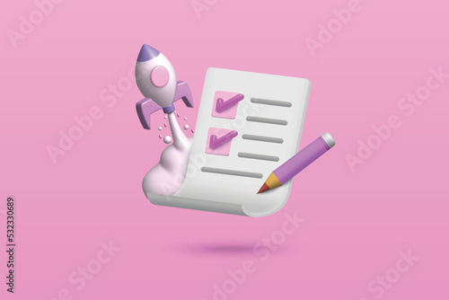 Startup business and survey concept on purple background. Rocket icon 3d vector illustration design.