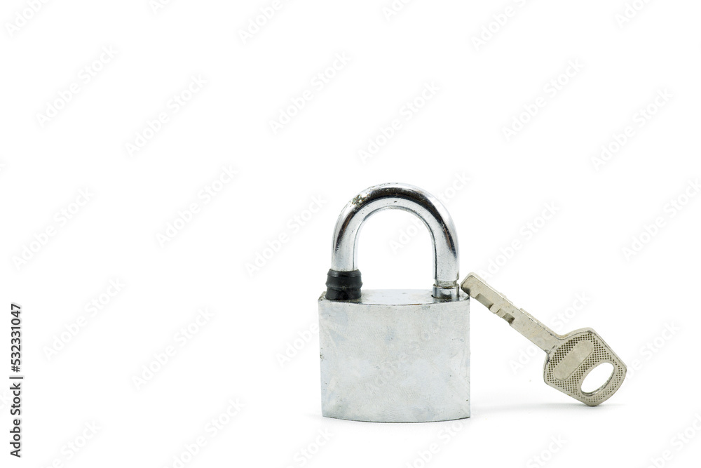 Used silver locked padlock with key Isolated on white Used silver locked padlock with key Isolated on white