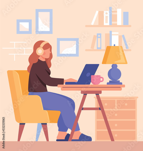 Home work concept. Young girl in headphones with laptop sits on couch. Student does homework, freelancer completes project. Remote employee, online earnings. Cartoon flat vector illustration