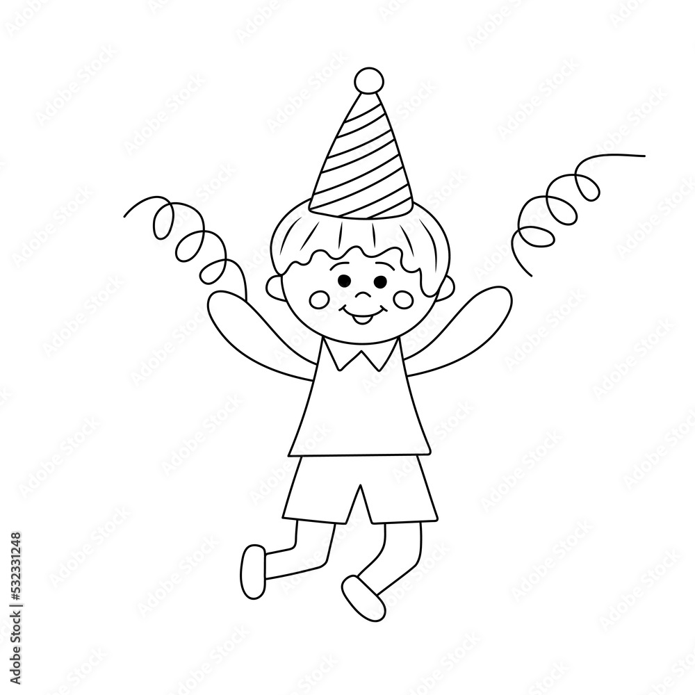 Cute little kawaii boy with party hat and confetti in doodle style. Hand drawn line art vector illustration for coloring book.