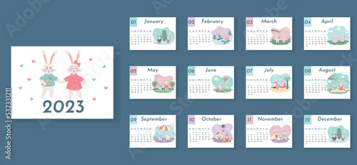 Printable horizontal monthly design calendar for 2023 with cute couple of bunnies in love. The product includes 12 pages for each month of the year and cover. Week starts from Sunday.