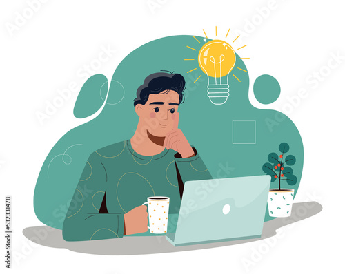 Man with idea. Young guy sitting at laptop and trying to solve problem. Enlightenment and inspiration, brainstorming. Entrepreneur launches start up, creative person. Cartoon flat vector illustration