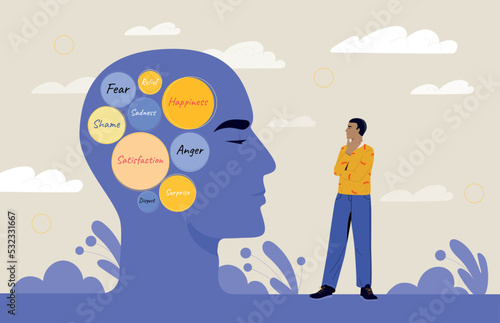 Inner voice concept. Man looks at abstract silhouette of head with speech bubbles. Mindfulness and introspection, logical thinking. Assessment and thought processes. Cartoon flat vector illustration