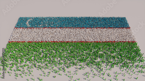 Aerial view of a Crowd of People, congregating to form the Flag of Uzbekistan. Uzbekistani Banner on White Background. photo