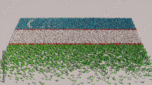 Aerial view of a Crowd of People, congregating to form the Flag of Uzbekistan. Uzbekistani Banner on White Background.