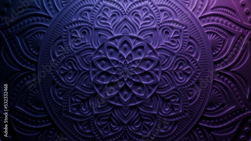 Diwali Concept featuring a Purple 3D Ornamental Pattern. Celebration Wallpaper. 3D Render. photo