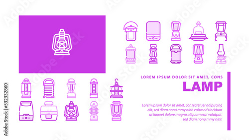 Camp Lamp Lighting Equipment landing web page header vector. Vintage And Modern Electronic Camp Lamp Outdoor Device, Oil And Paraffin, Light Portable Gadget With Motion Sensor Color Illustrations © sevector