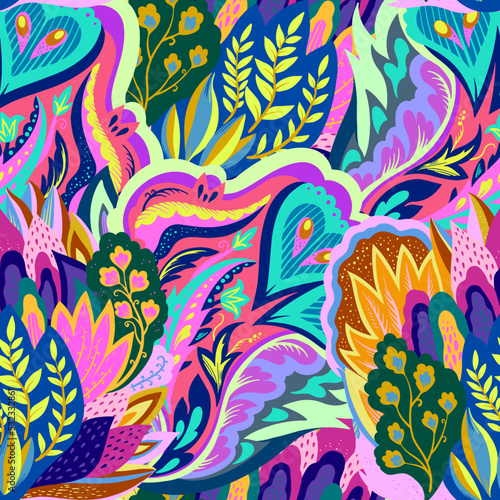 Colorful seamless pattern with crazy psychedelic organic abstract elements, print with plant and mushrooms motifs 