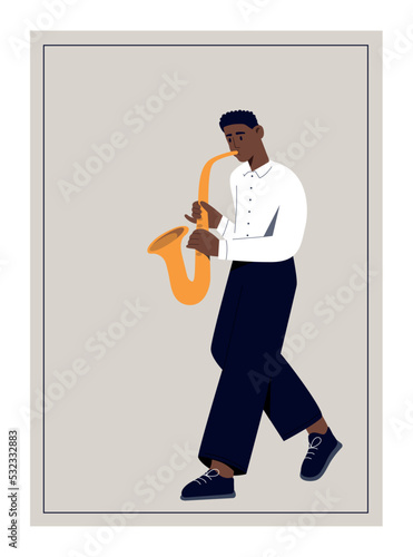Jazz saxophonist poster. Man in white shirt plays saxophone. Member of musical group. professional musician on stage. Performance, holiday, festival and event. Cartoon flat vector illustration