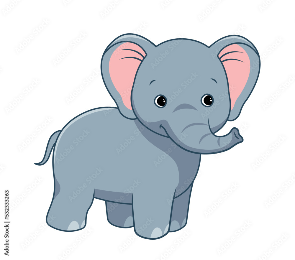 Jungle elephant character. Large gray tropical animal with trunk and large ears. Graphic element for printing on fabric. Mascot or adorable toy for children. Cartoon flat vector illustration Jungle elephant character. Large gray tropical animal with trunk and large ears. Graphic element for printing on fabric. Mascot or adorable toy for children. Cartoon flat vector illustration