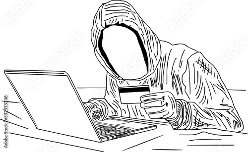 Online fraud man vector illustration, Online crime concept cartoon doodle drawing, swindler and a thief are working at the computer sketch drawing, online hacker silhouette