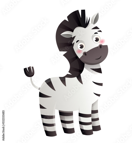 Jungle zebra icon. Sticker for messengers, graphic element for website. Zoo, wild life and mammal. Friendly character, happiness. Cute toy or mascot for kids. Cartoon flat vector illustration