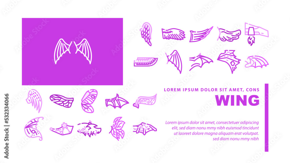 Wing Fly Animal, Bird And Insect landing web page header vector. Butterfly And Cupid, Angel And Elf, Dragon And Gargoyle Or Vampire Wing. Flying Iron Techno Accessory For Flying Color Illustrations Wing Fly Animal, Bird And Insect landing web page header vector. Butterfly And Cupid, Angel And Elf, Dragon And Gargoyle Or Vampire Wing. Flying Iron Techno Accessory For Flying Color Illustrations