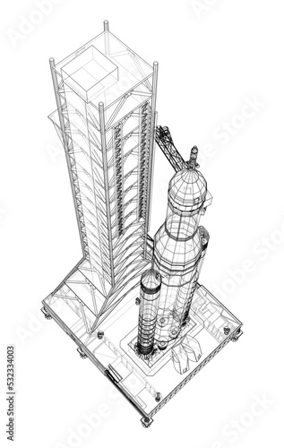Space Rocket on launch pad. Vector rendering of 3d