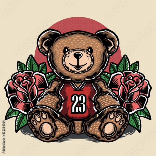 teddy bear wearing chicago bulls jersey and roses background illustration