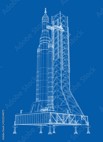 Space Rocket on launch pad. Vector rendering of 3d