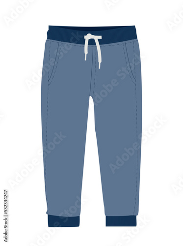 Kids blue pants. Element of clothes for boys and girls, Stretchy fabric for sports activities. Street and free style, fashion and trend. Graphic element for website. Cartoon flat vector illustration