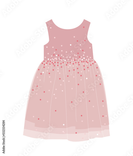 Kids pink dress. Luxurious clothing with sequins for parties and special occasions, holidays and festivals. Womens fashion and style. Social network sticker. Cartoon flat vector illustration