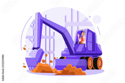 Truck driver rising hand while sitting in construction truck