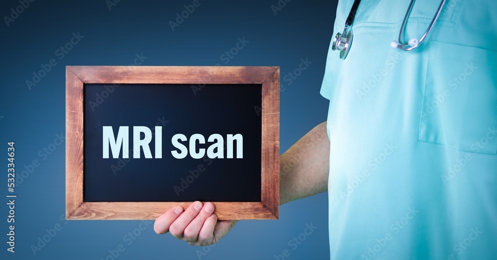 MRI scan (Magnetic resonance imaging). Doctor shows sign/board with wooden frame. Background blue MRI scan (Magnetic resonance imaging). Doctor shows sign/board with wooden frame. Background blue