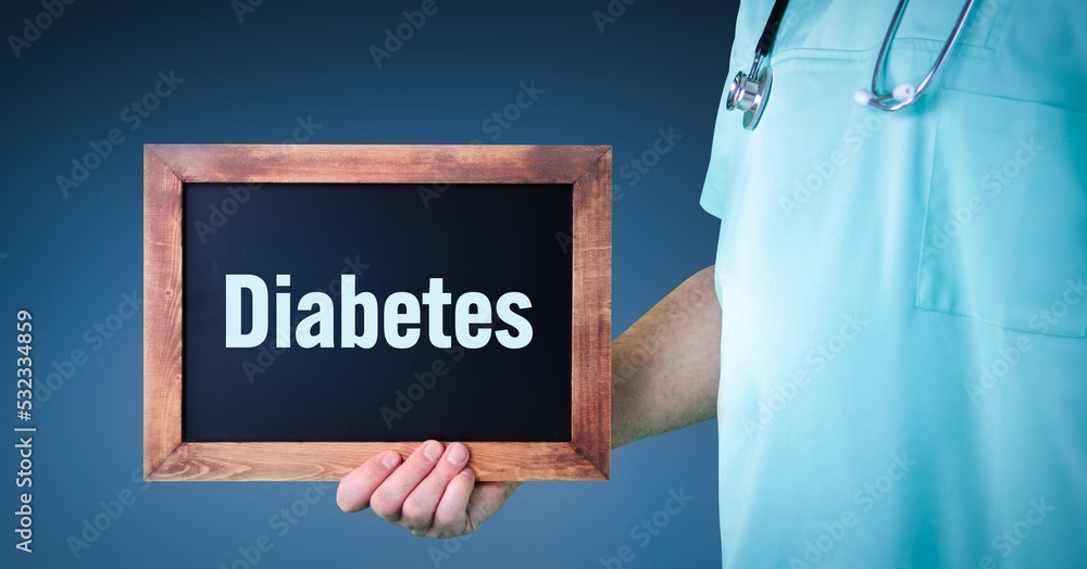 Diabetes. Doctor shows sign/board with wooden frame. Background blue Diabetes. Doctor shows sign/board with wooden frame. Background blue