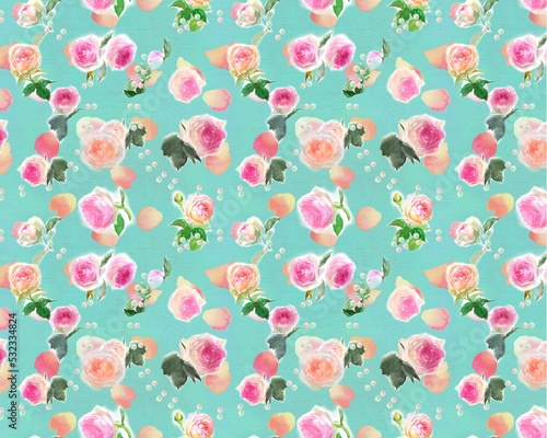 Pink Roses Pierre de Ronsard and Pearls illustration and wood grain background
