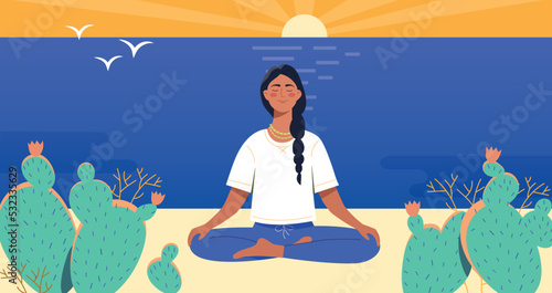 Woman meditating concept. Girl sits in lotus position. Inner balance and calmness, concentration and attention. Sport, fitness and yoga. Character sitting on beach. Cartoon flat vector illustration